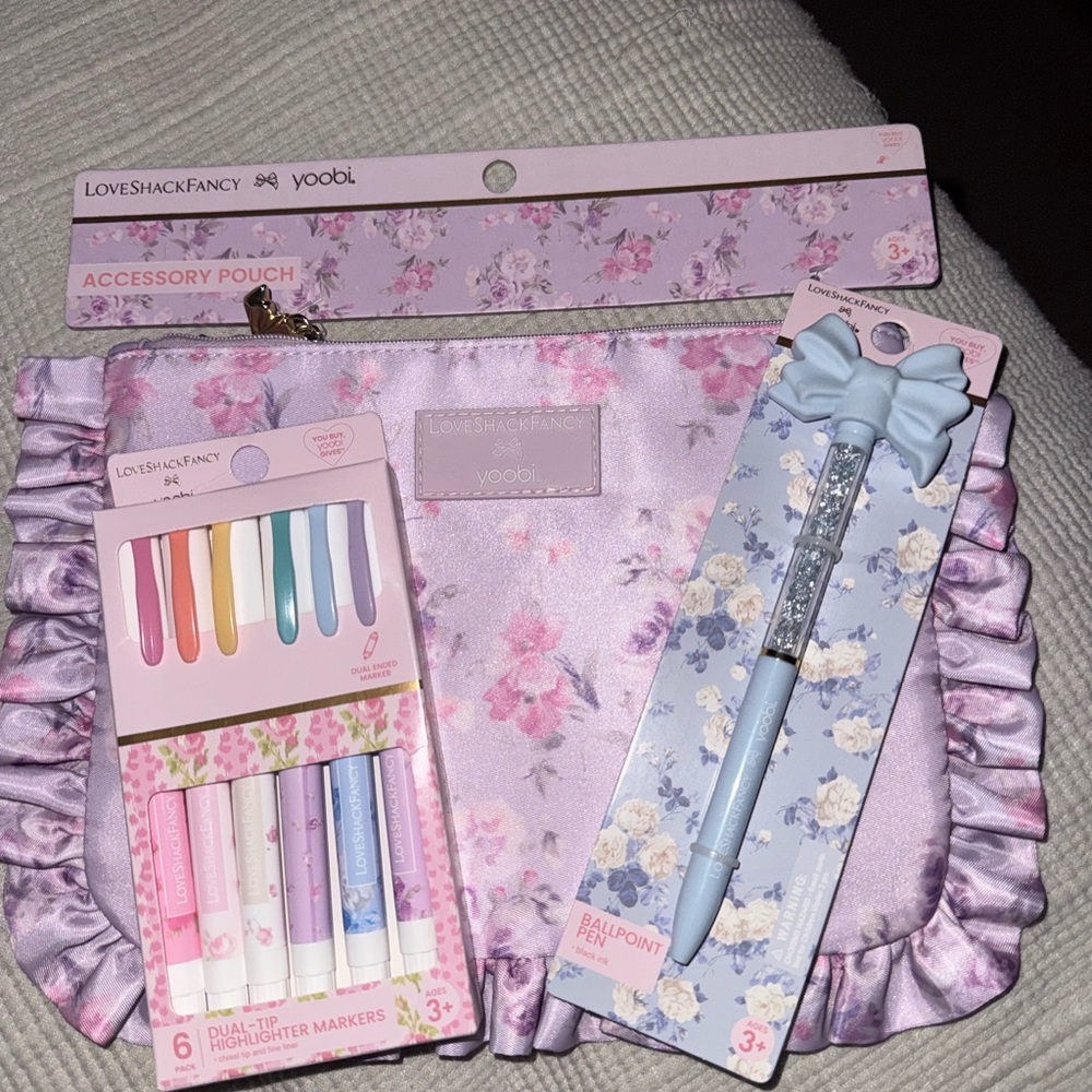 LoveShackFancyX yoobi Lilac Floral Accessory Pouch with Pen & Highlighters